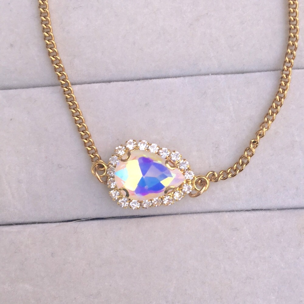 White Aurora Borealis Crystal Halo + Gold Pear Adjustable Boho Bracelet - Picture 5 of 13